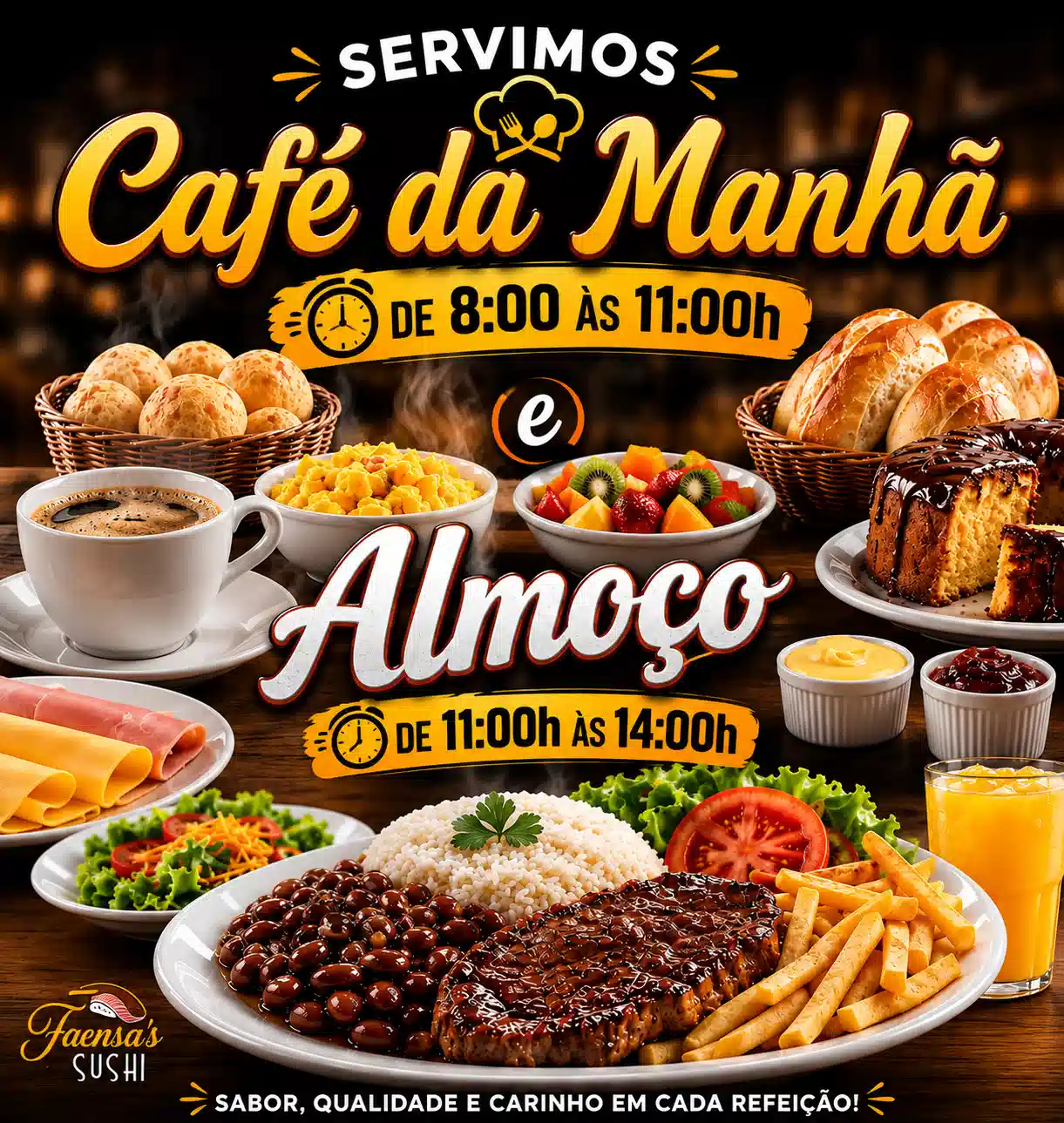 Café da manhã e almoço no Faensa’Sushi com refeições completas
